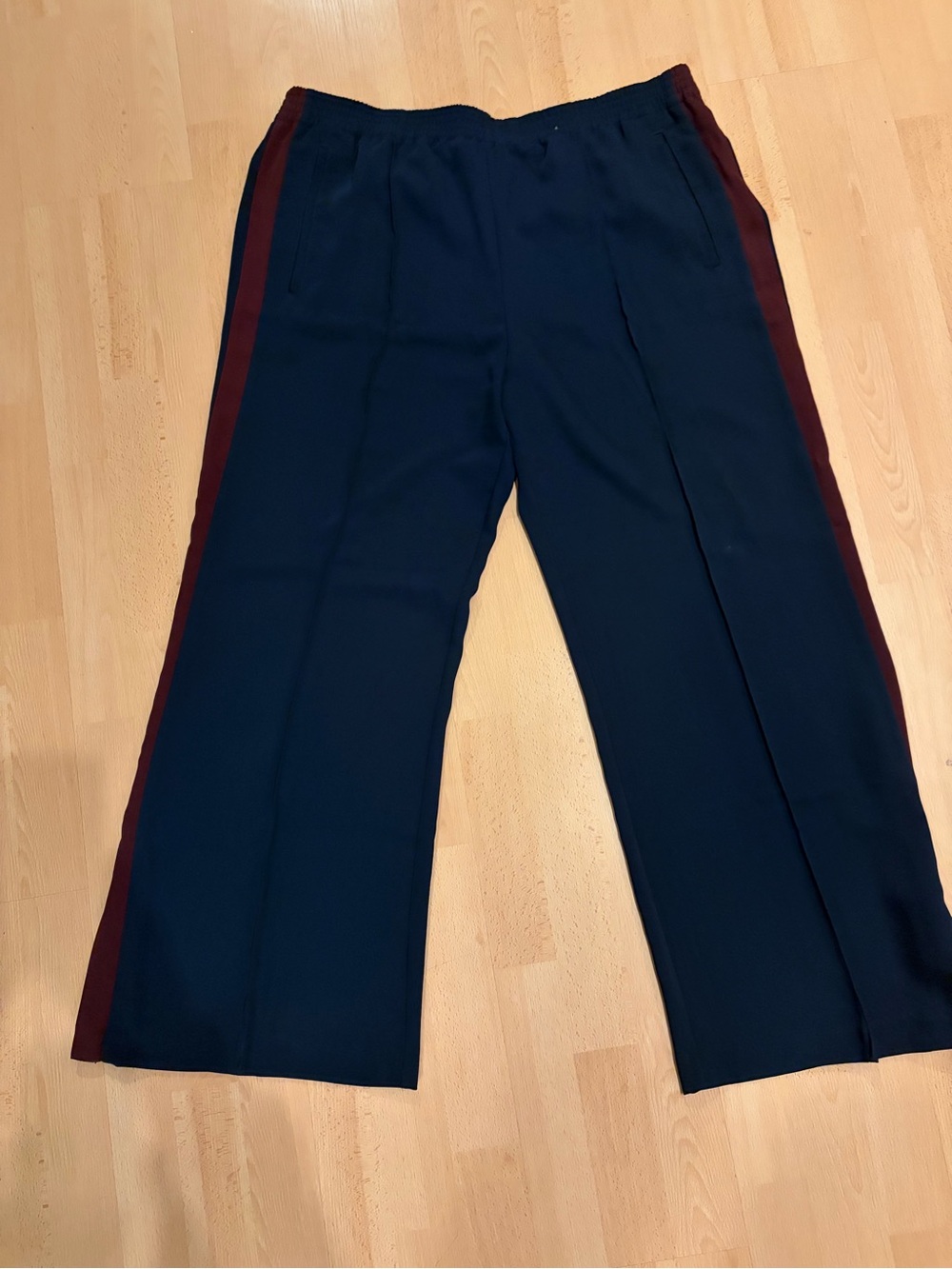 Madewell Boot Cut Track Pants 
Navy with Burgundy Side Stripe
30in inseam